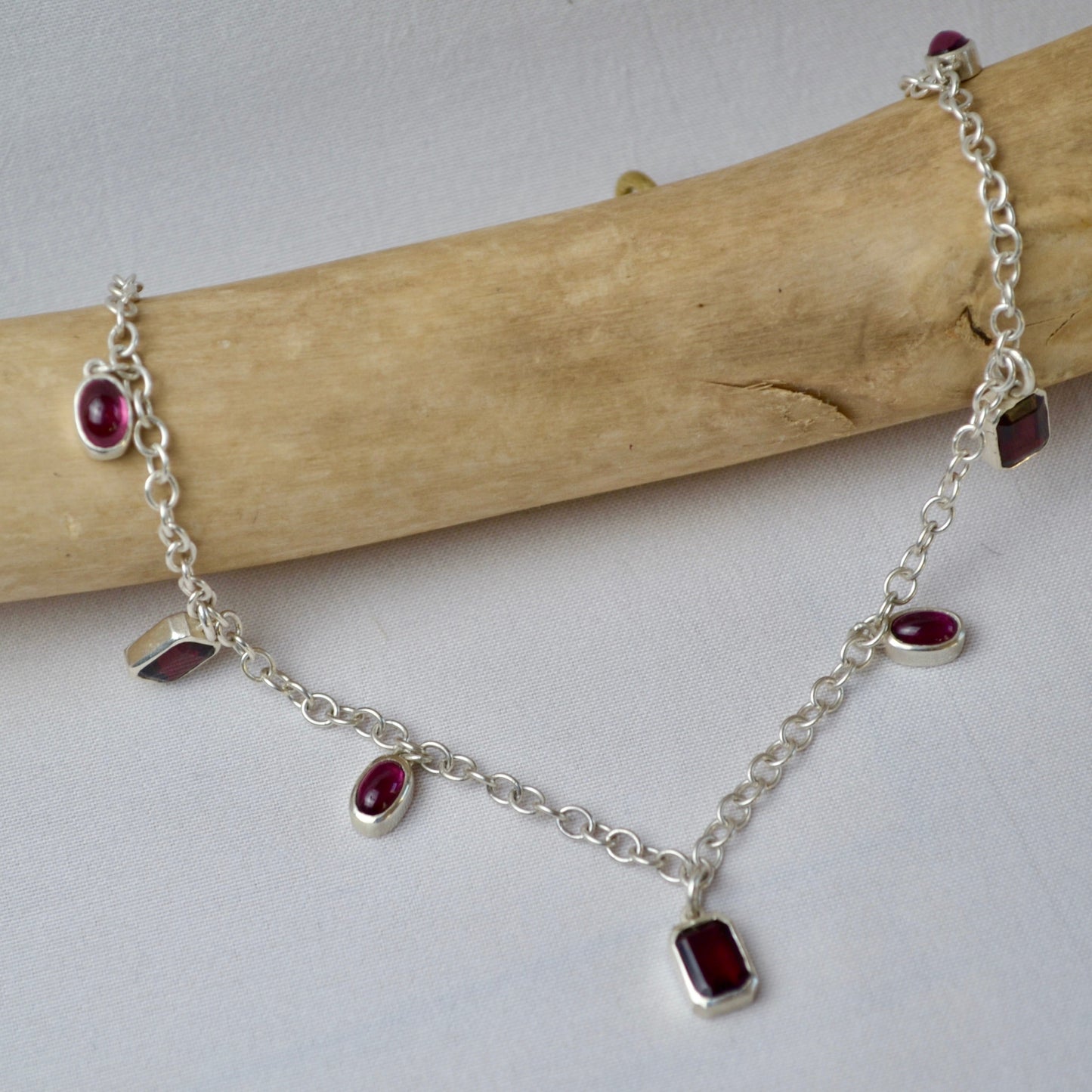 Silver & Red Garnet Charm Necklace