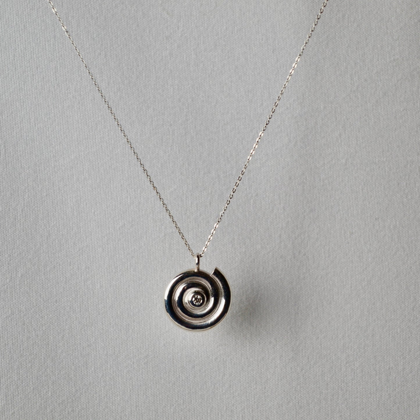 Silver necklace with a circular pendant on a gray background