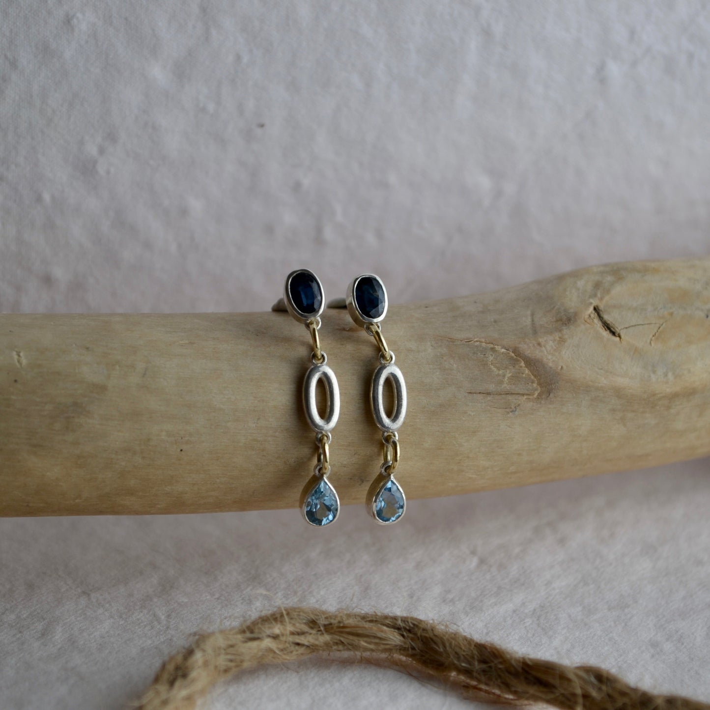 Sapphire & Aquamarine Mixed Metal Drop Earrings