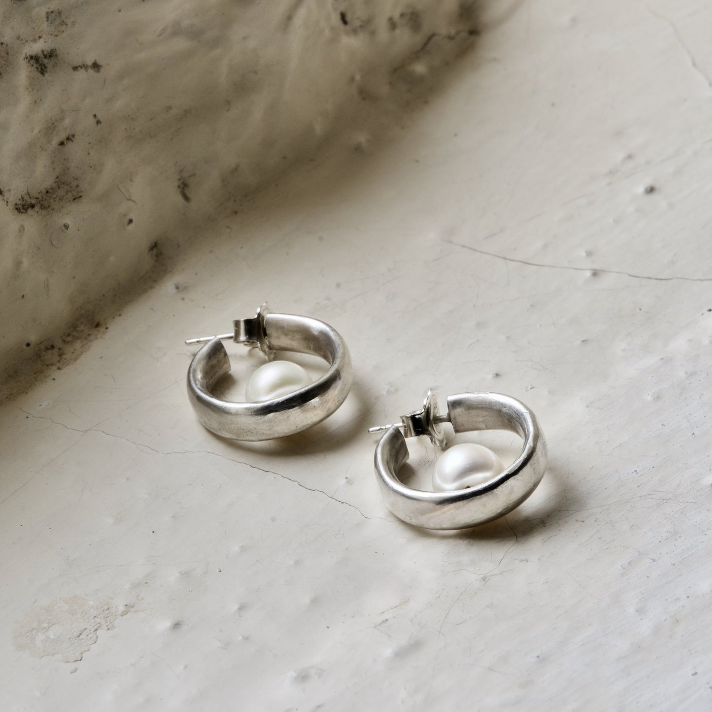 White Button Pearl Hoops