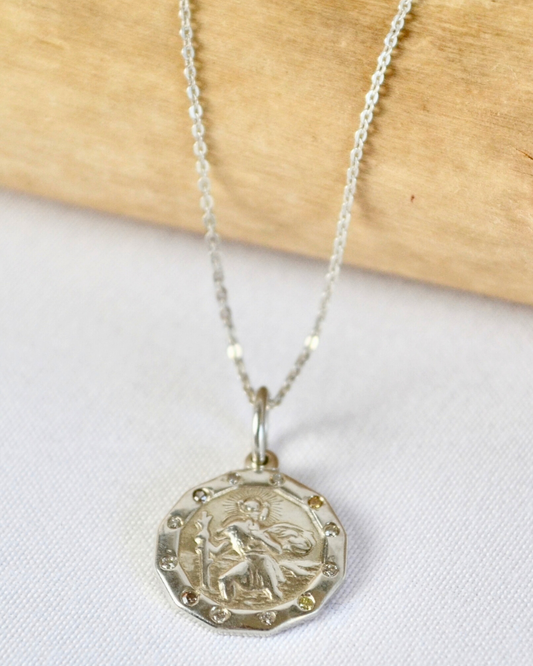 Yellow & White Diamond Sterling Silver St. Christopher Pendant with Chain