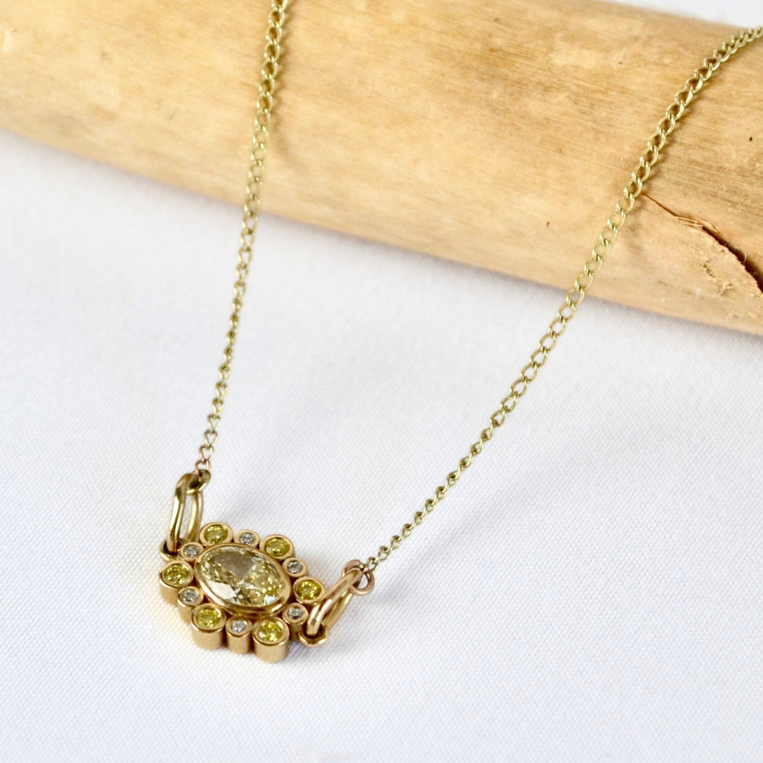Gold necklace with a pendant on a white background