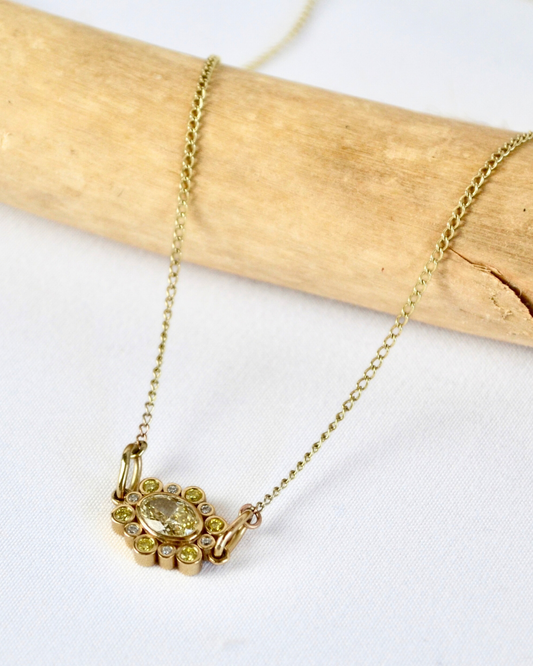 Gold Yellow and White Diamond Anemone Cluster Pendant