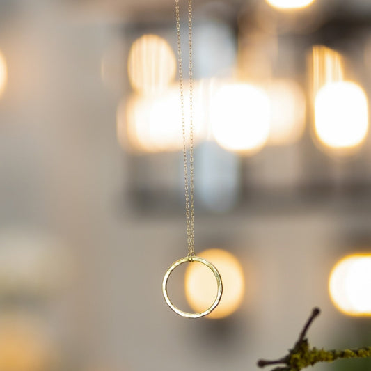 18ct yellow gold circle necklace hanging from a tree, beautifully pictured.
