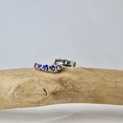 Silver ring with blue stones on a piece of driftwood against a light gray background