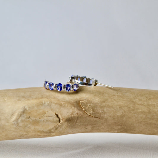Silver ring with blue stones on a piece of driftwood against a light gray background