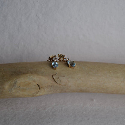 Pair of earrings on a wooden stick against a plain background