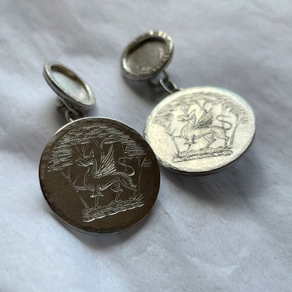 Hand engraved sterling silver cufflinks with family crest, handmade fine jewellery by Madeleine.