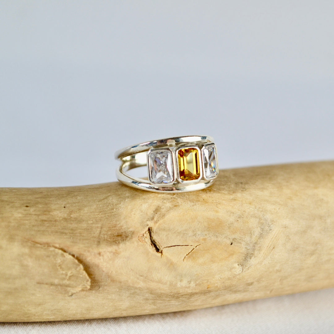 Yellow Sapphire &amp; Diamond Trio Engagement Ring