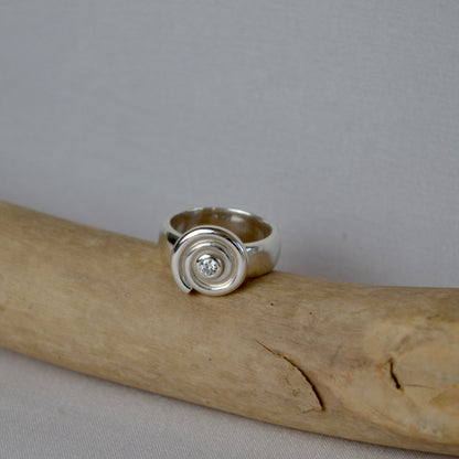 Silver ring with a central gemstone on a piece of driftwood against a gray background