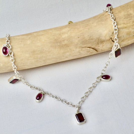 Silver & Red Garnet Charm Necklace