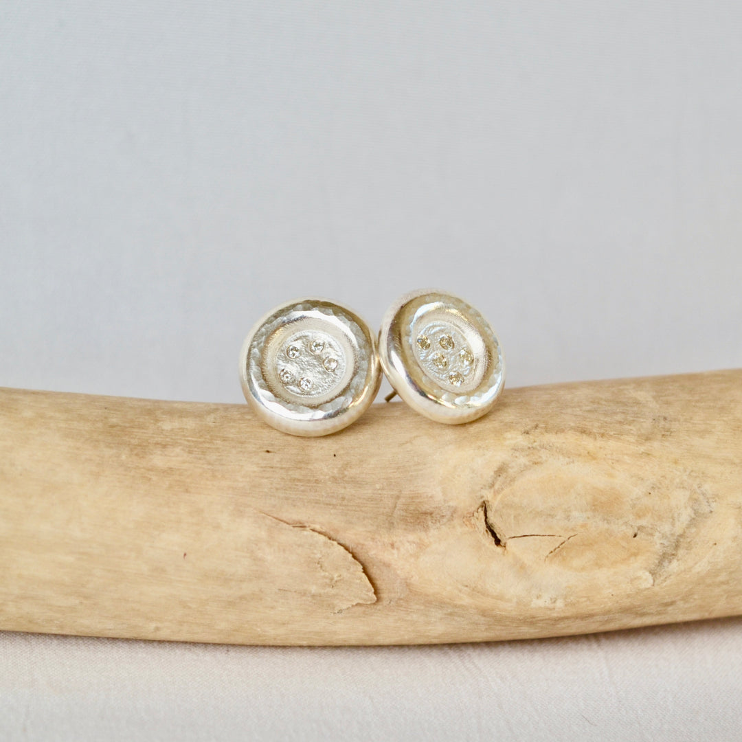 Silver stud earrings on a piece of driftwood with a gray background