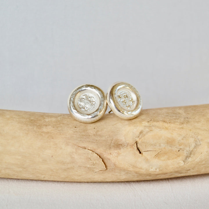 Silver stud earrings on a piece of driftwood with a gray background