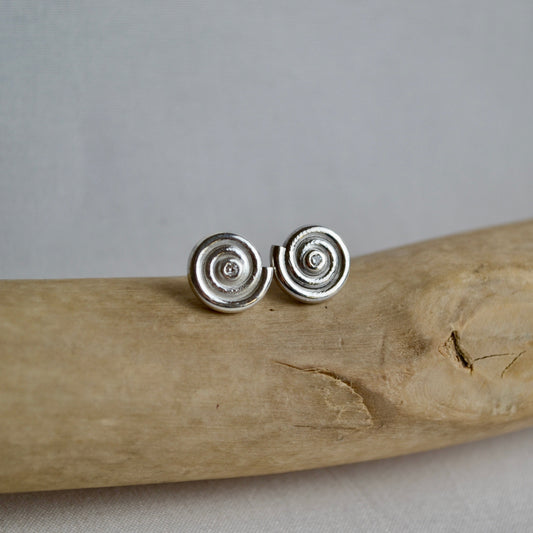 Silver spiral earrings on a piece of driftwood with a gray background