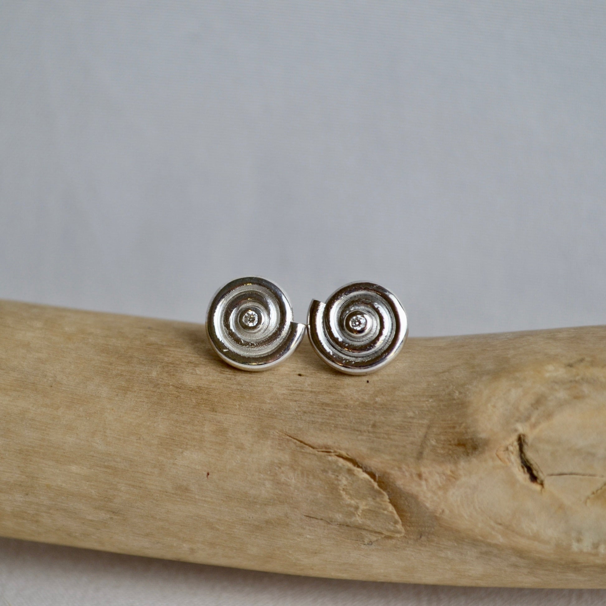 Silver spiral earrings on a piece of driftwood with a plain background