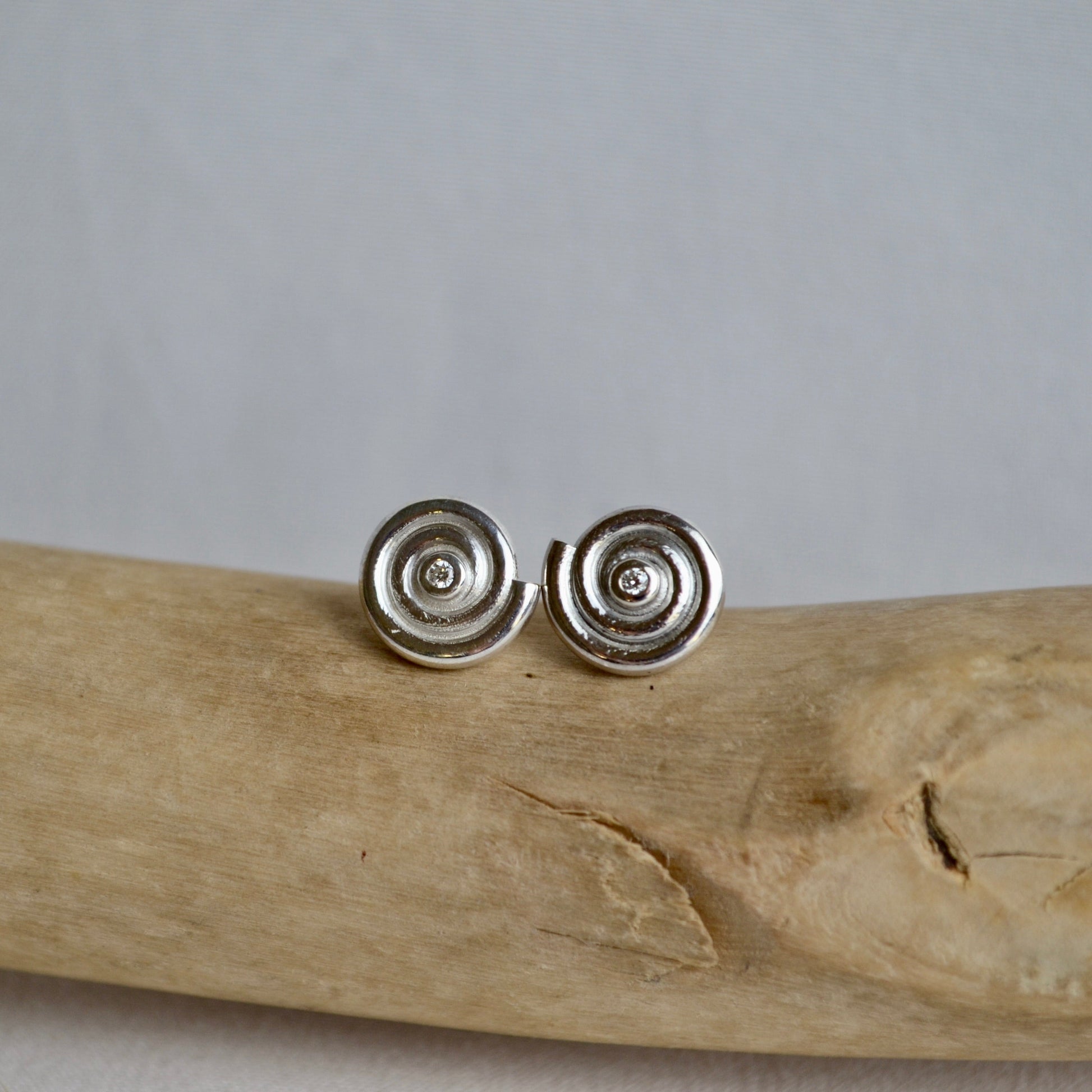 Silver spiral earrings on a piece of driftwood with a plain background