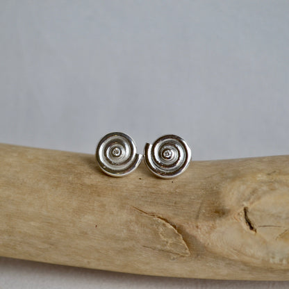 Silver spiral earrings on a piece of driftwood with a plain background