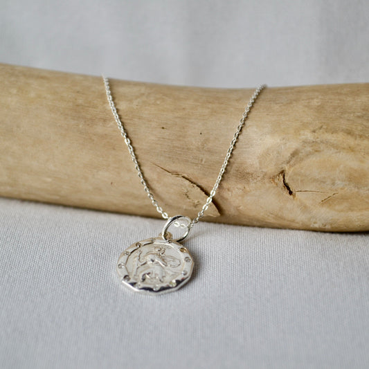 Silver necklace with a pendant on a piece of driftwood against a light background