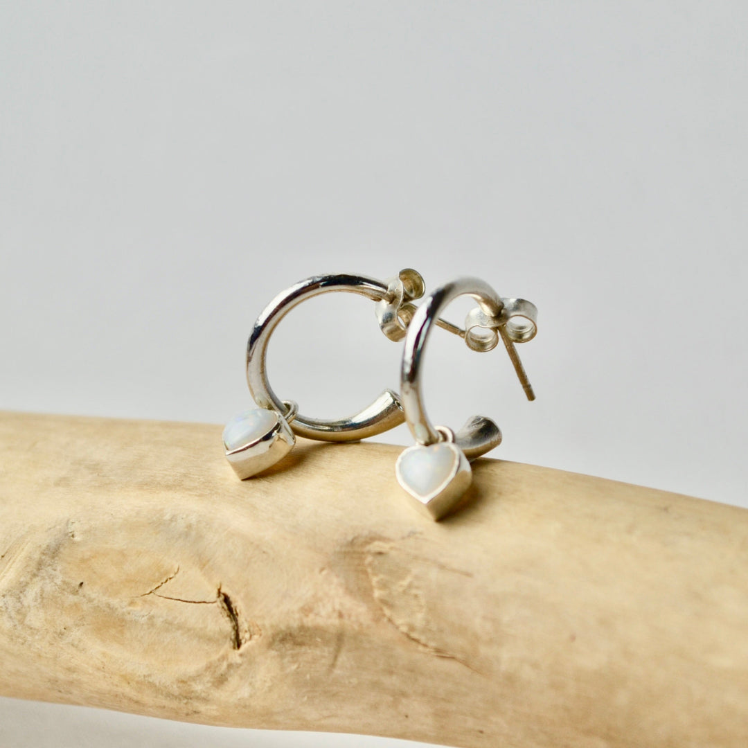 Pink Tourmaline and Opal Heart Charm Hoops