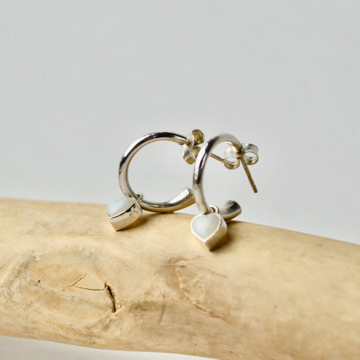 Pink Tourmaline and Opal Heart Charm Hoops