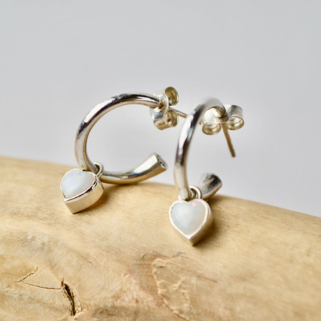 Pink Tourmaline and Opal Heart Charm Hoops