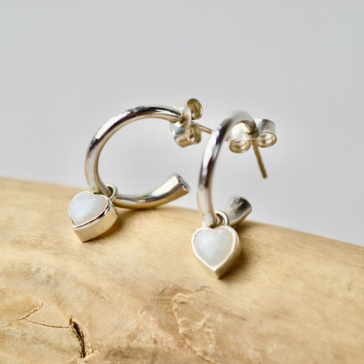 Pink Tourmaline and Opal Heart Charm Hoops