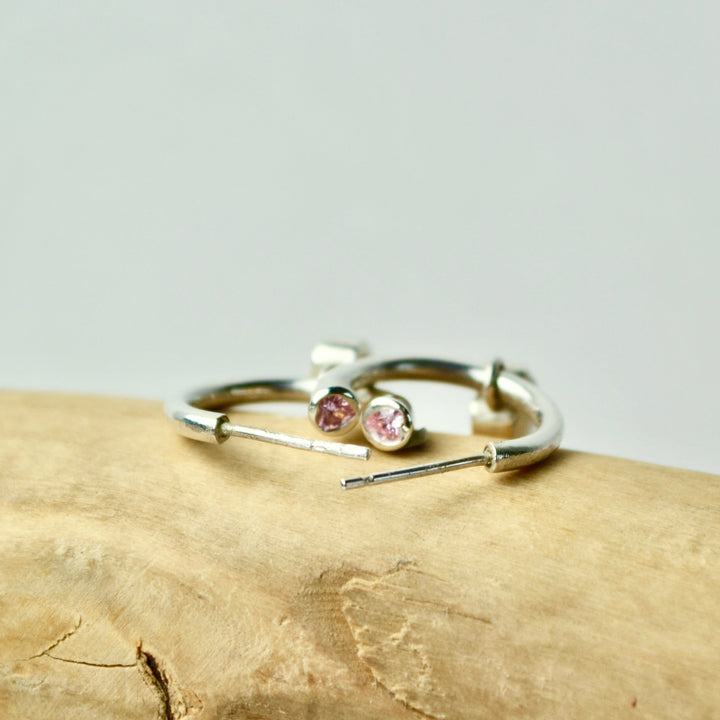 Pink Tourmaline and Opal Heart Charm Hoops