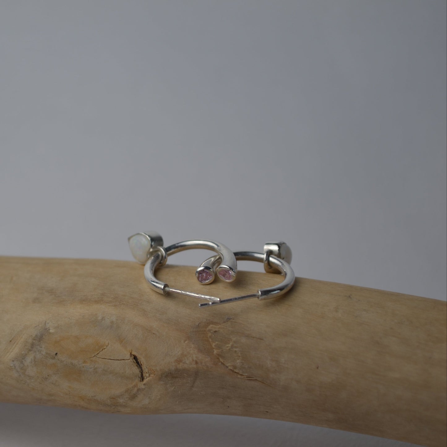 Pink Tourmaline and Opal Heart Charm Hoops