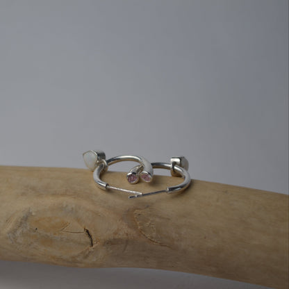 Pink Tourmaline and Opal Heart Charm Hoops