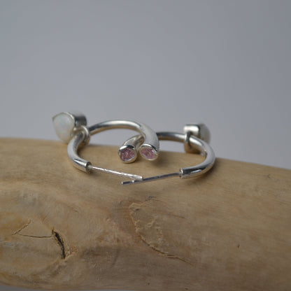 Pink Tourmaline and Opal Heart Charm Hoops