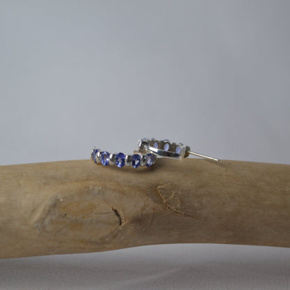 Silver hoop earrings with blue gemstones on a wooden branch against a gray background