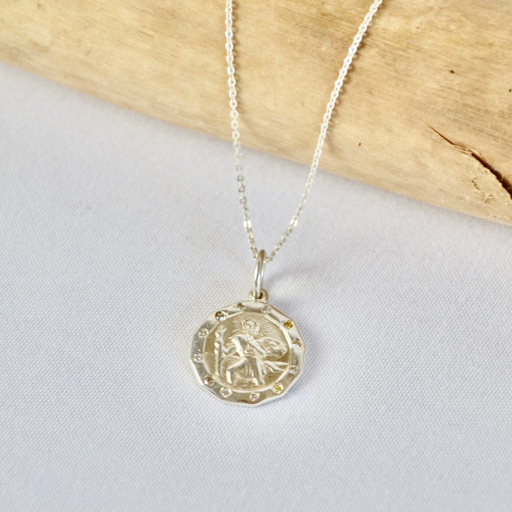 Yellow &amp; White Diamond Sterling Silver St. Christopher Pendant with Chain