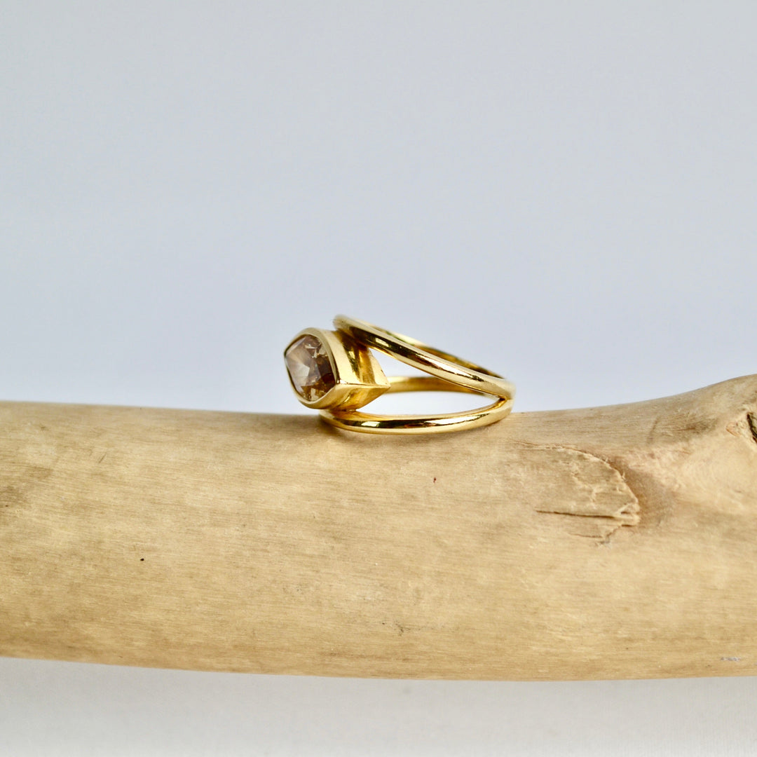Gold ring with a gemstone on a piece of driftwood against a light gray background