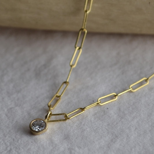 Gold Diamond Solitaire Paperclip Necklace