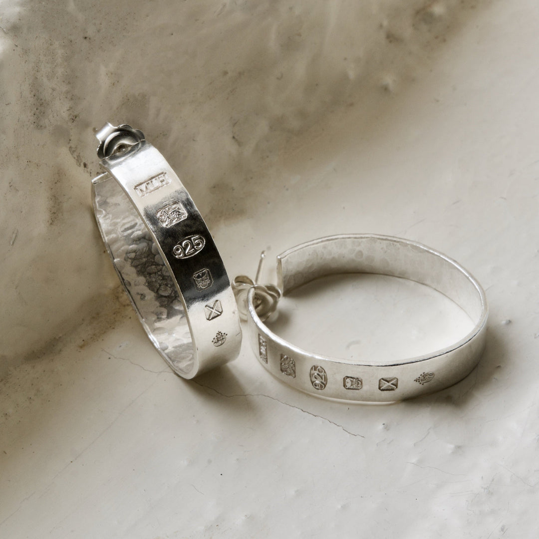 chunky silver hoops , hallmarked in Edinburgh. Pictured on a white background in the Cotswold&