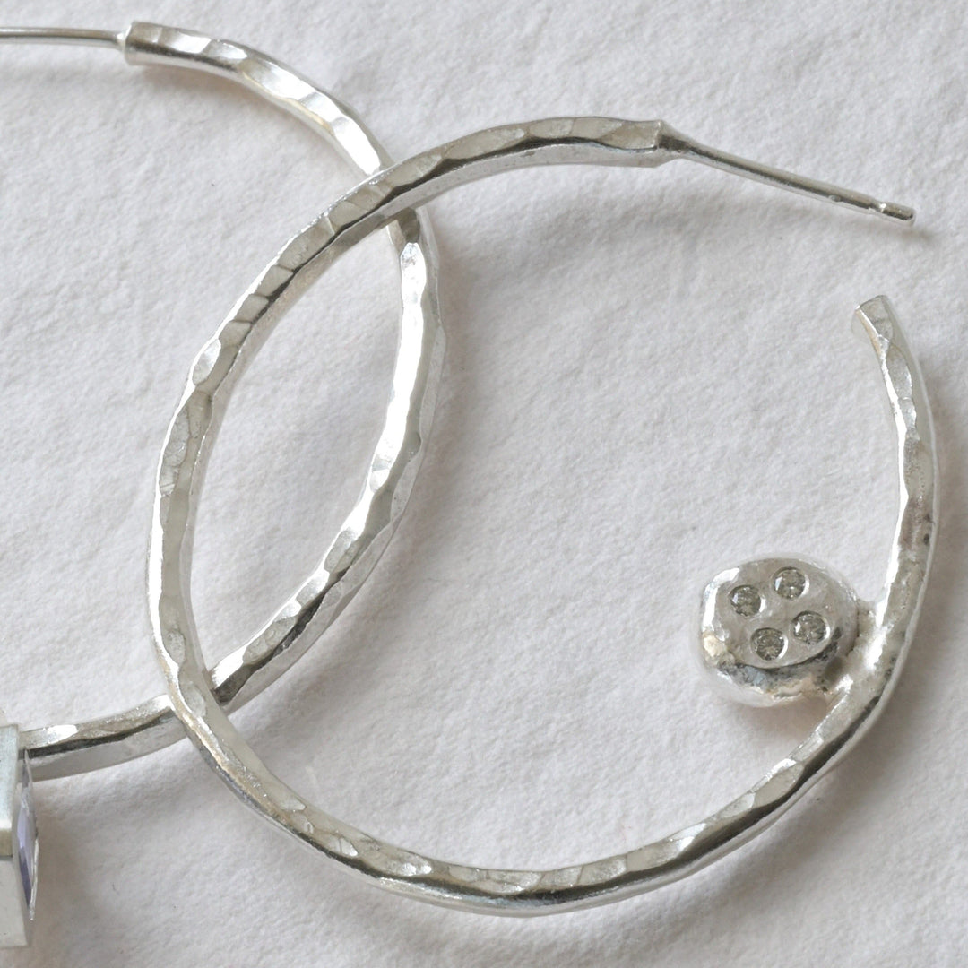 handmade sterling silver hoops with diamonds and tanzanite&