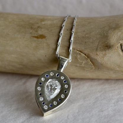 Diamond & Sapphire Teardrop Pendant in White Gold
