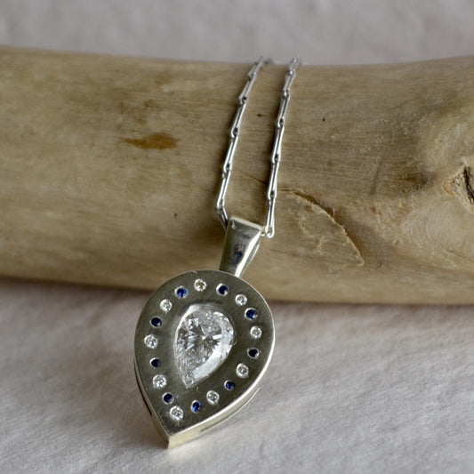 Diamond & Sapphire Teardrop Pendant in White Gold