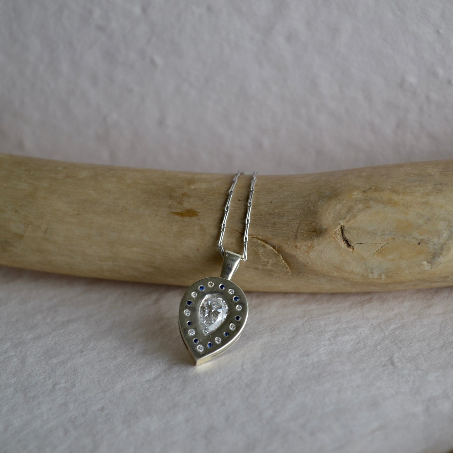 Diamond & Sapphire Teardrop Pendant in White Gold