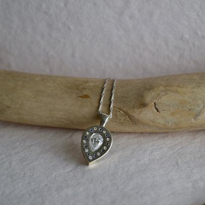 Diamond & Sapphire Teardrop Pendant in White Gold
