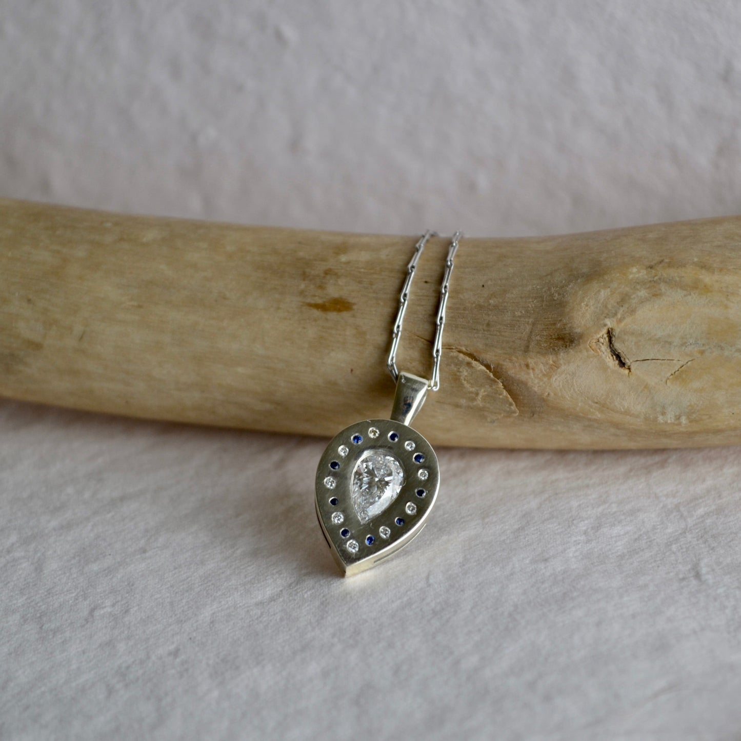Diamond & Sapphire Teardrop Pendant in White Gold