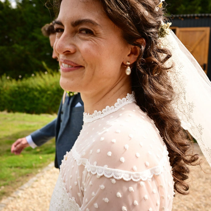 Woman in a wedding dress with a veil standing outdoors on a grassy area.