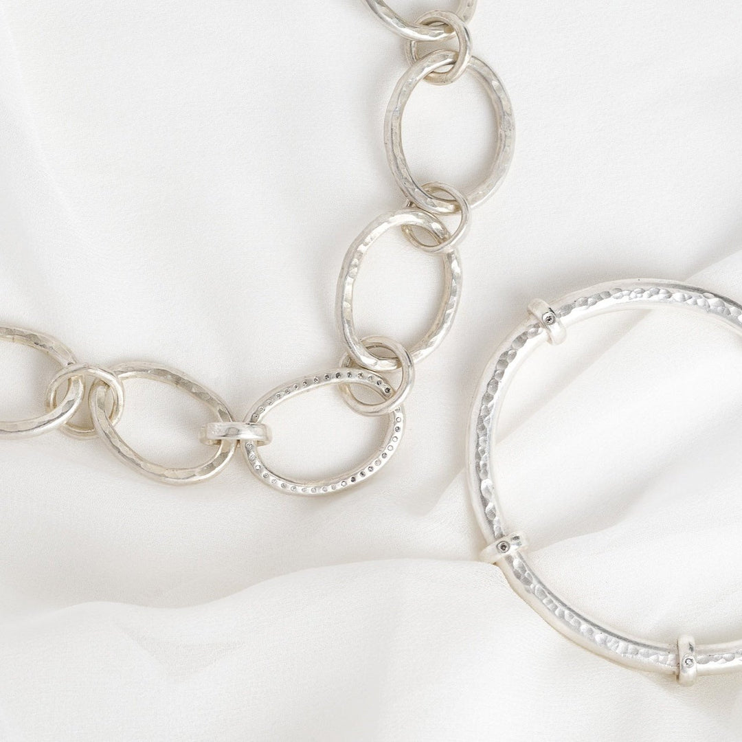 Chunky Silver Diamond Bangle &amp; Necklace Set