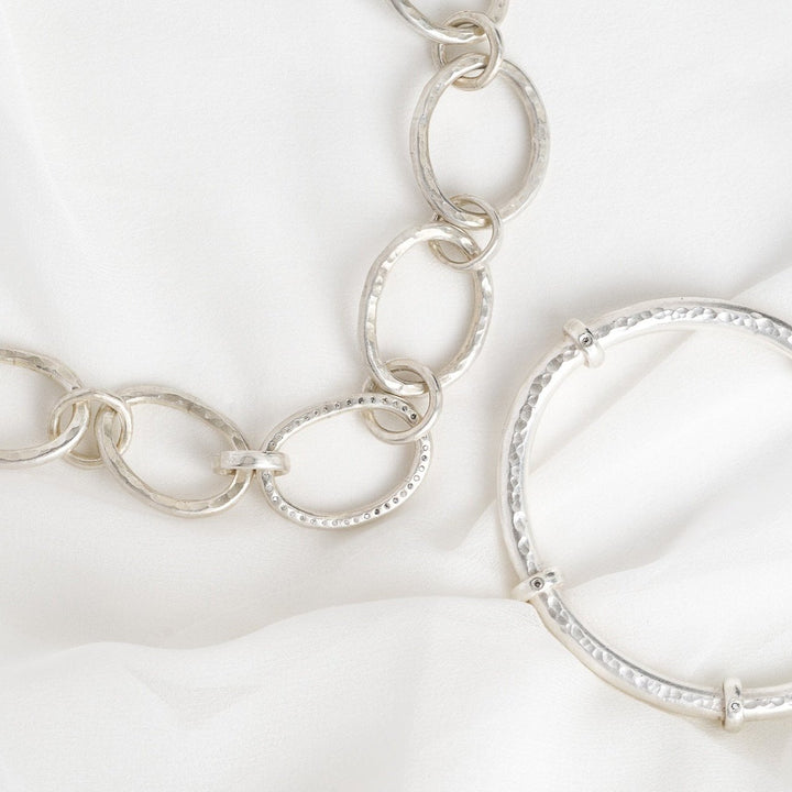 Chunky Silver Diamond Bangle &amp; Necklace Set