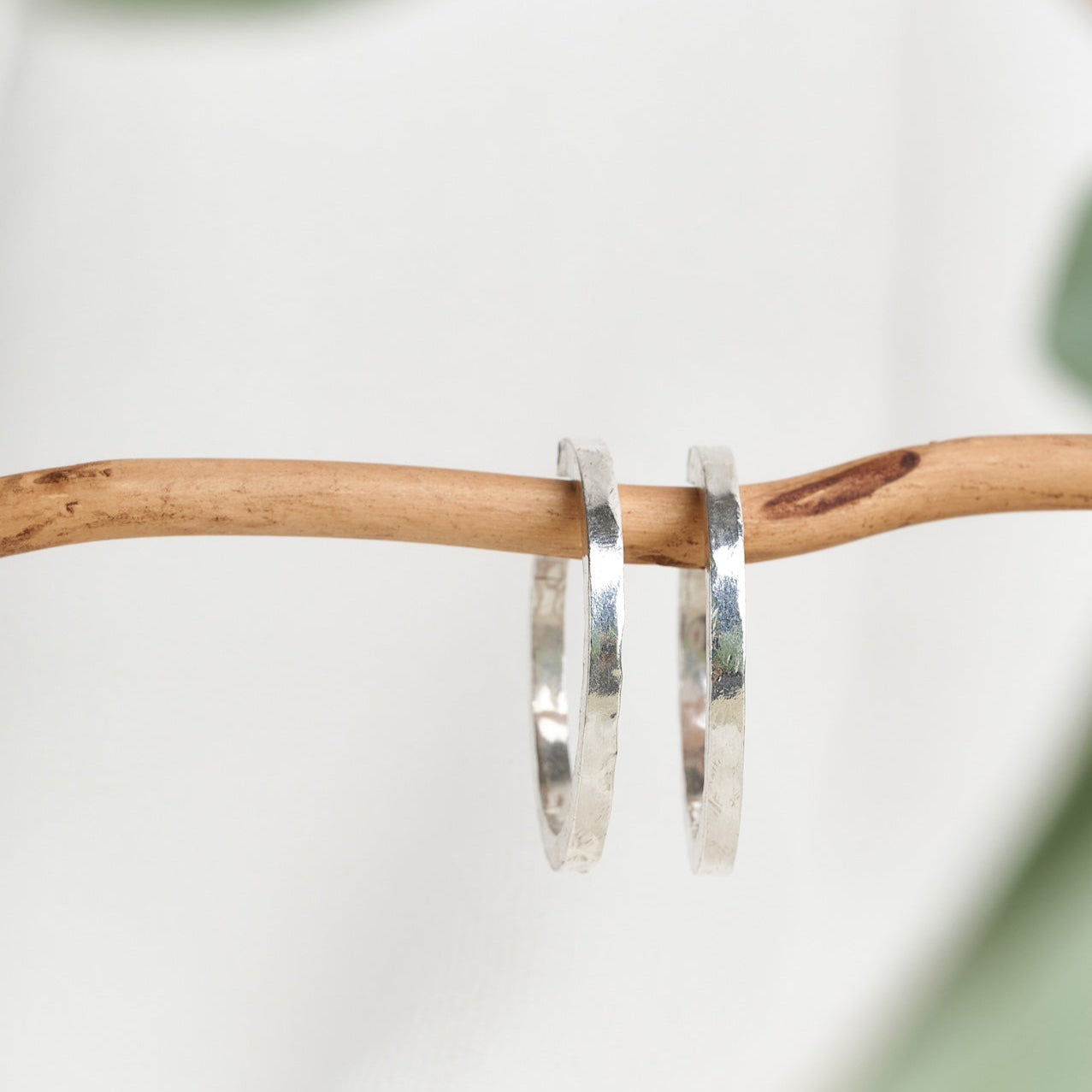 A pair of chunky silver statement hoop earrings displayed against a neutral background with a plant branch.
