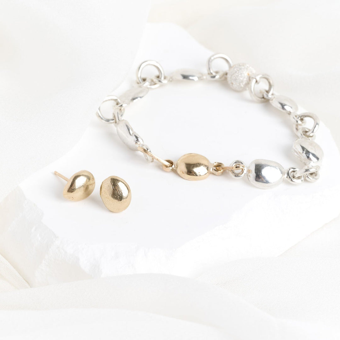 Gold Pebble Bracelet &amp; Stud Set